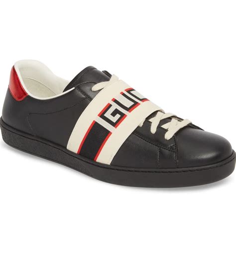 gucci men's ace black leather stripe sneaker|gucci ace embellished leather sneakers.